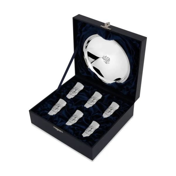 Набор стопок с подносом Герб полированный из серебра 925 пробы