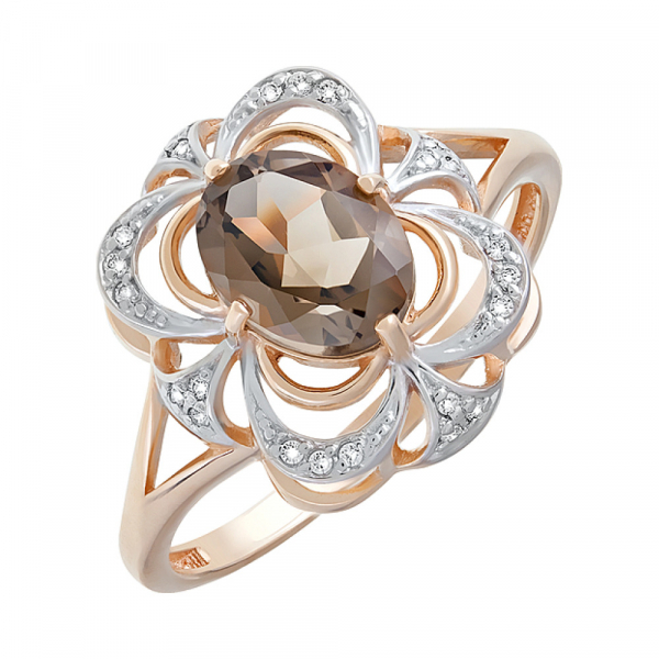 Золотое кольцо с раухтопазом и фианитом № 124614