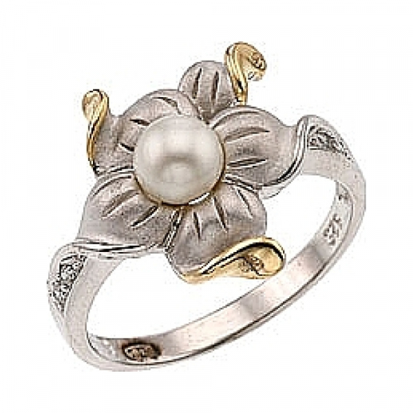 Серебряное кольцо с имитац. жемчуга и фианитом № 33940