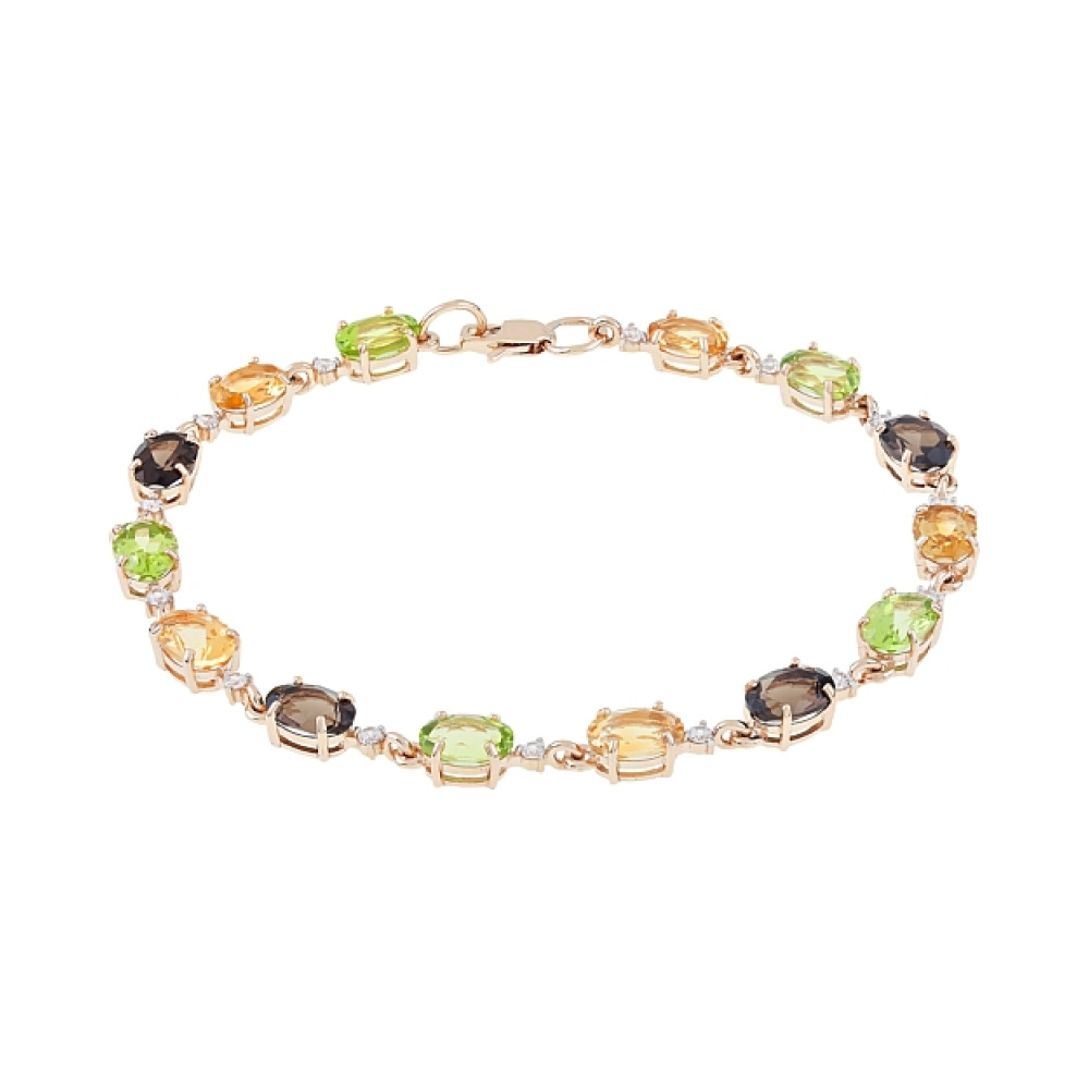 Золотой браслет с цитрином,хризолитом,раухтопазом  и фианитом № 112343