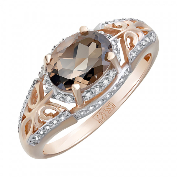 Золотое кольцо с раухтопазом и фианитом № 124077