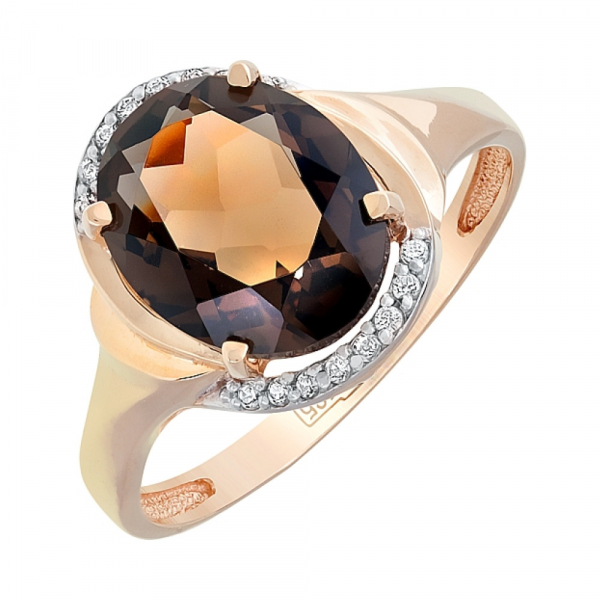 Золотое кольцо с раухтопазом и фианитом № 114037