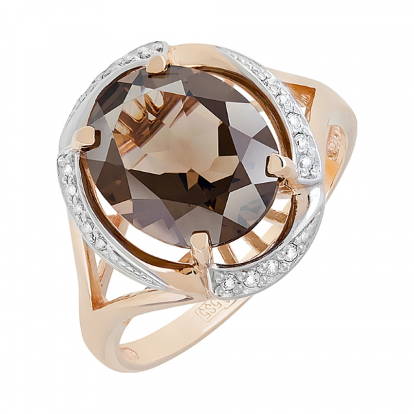 Золотое кольцо с раухтопазом и фианитом № 122908