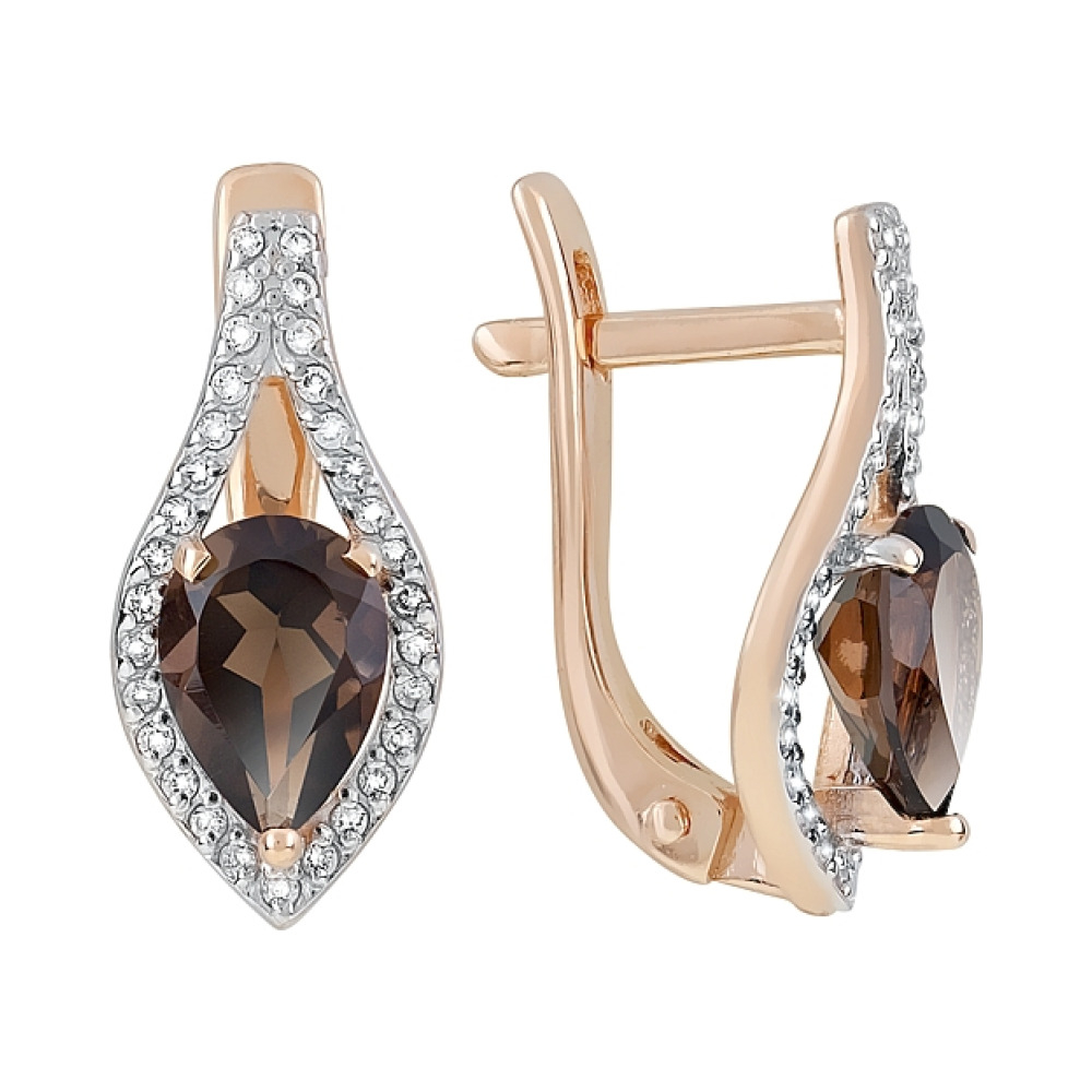 Золотые серьги с раухтопазом и фианитом № 119599