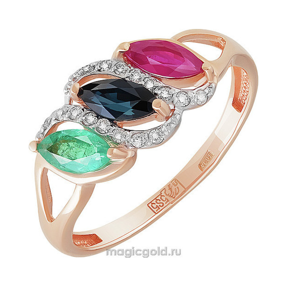 Золотое кольцо с драгоценными вставками и бриллиантом № 156450