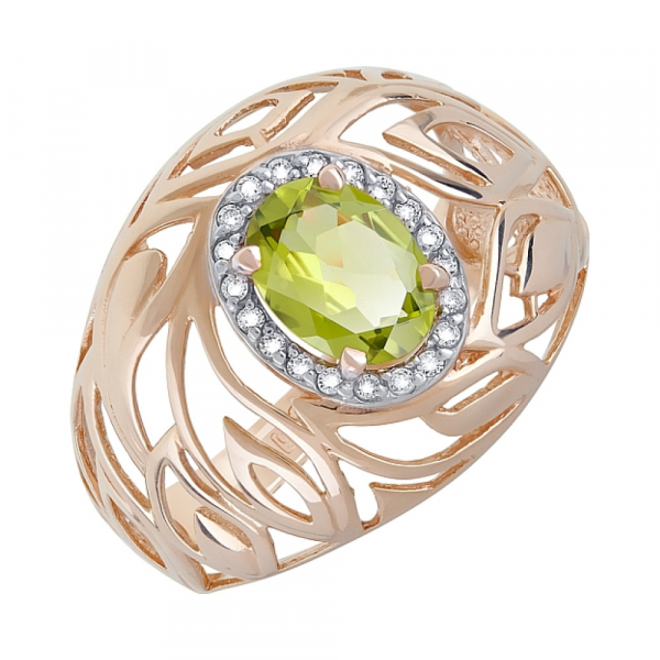 Золотое кольцо с хризолитом и фианитом № 119961