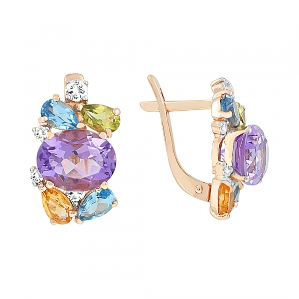 Золотые серьги с полудрагоценными  вставками и фианитом № 113121