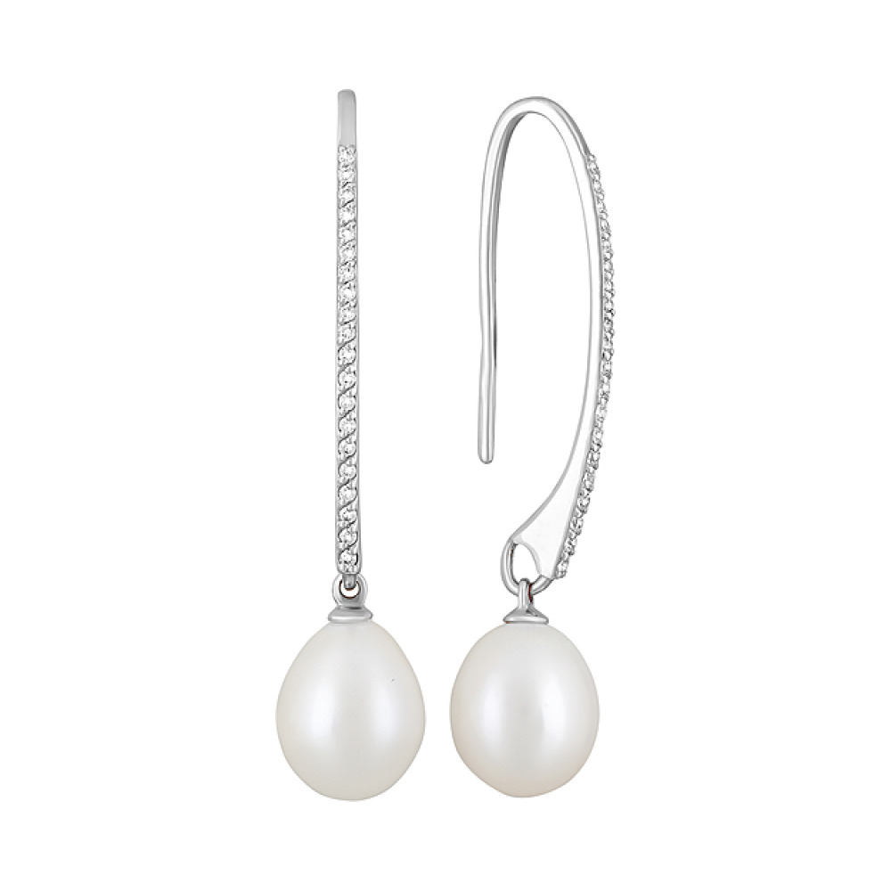 Серебряные серьги с жемчугом и фианитом № 124694