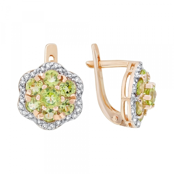 Золотые серьги с хризолитом и фианитом № 116955