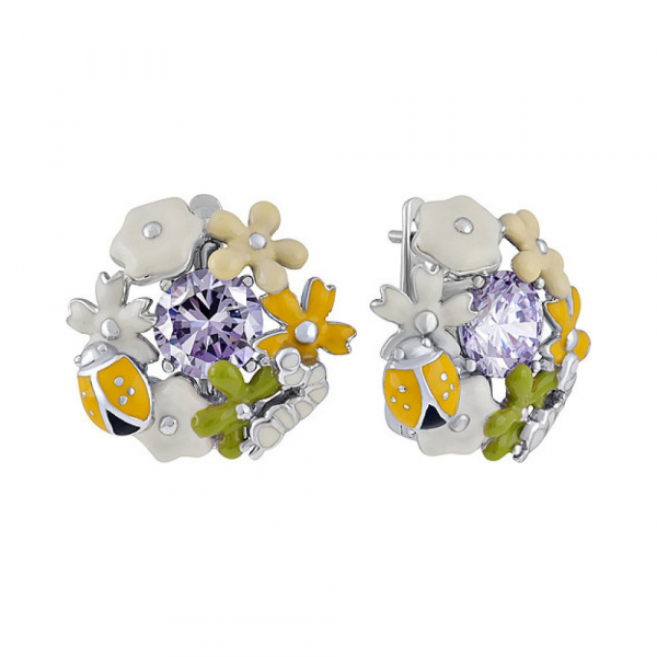 Серебряные серьги с фианитом и эмалью № 106149