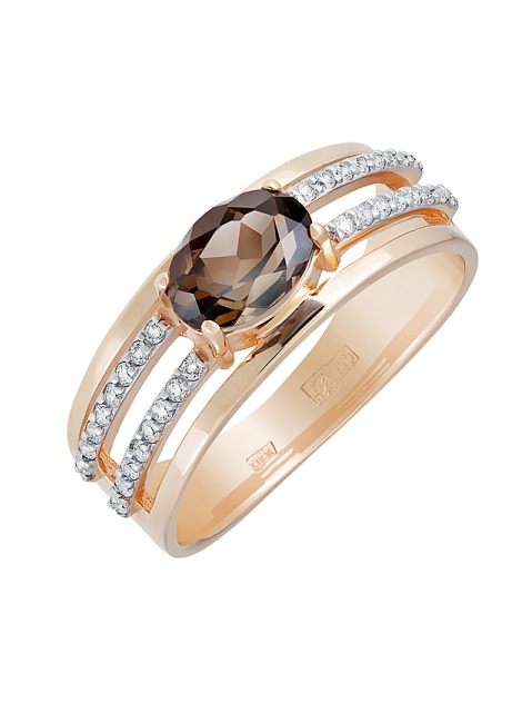 Золотое кольцо с раухтопазом и фианитом № 131615