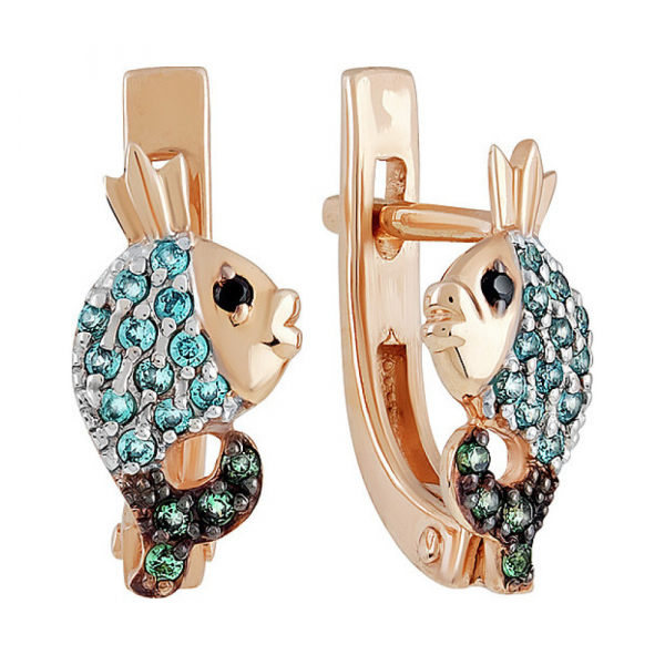 Золотые серьги с изумрудом иск.выр. и фианитом № 137037