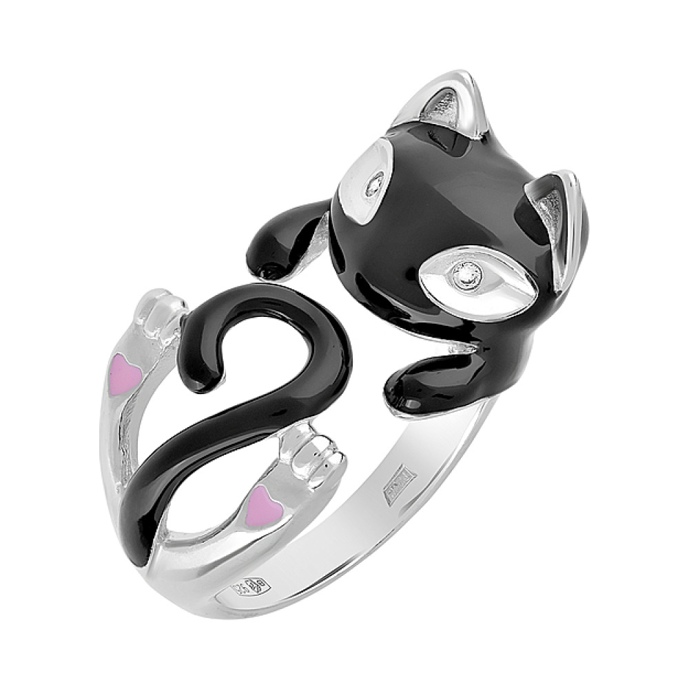 Серебряное кольцо с фианитом и эмалью № 129155