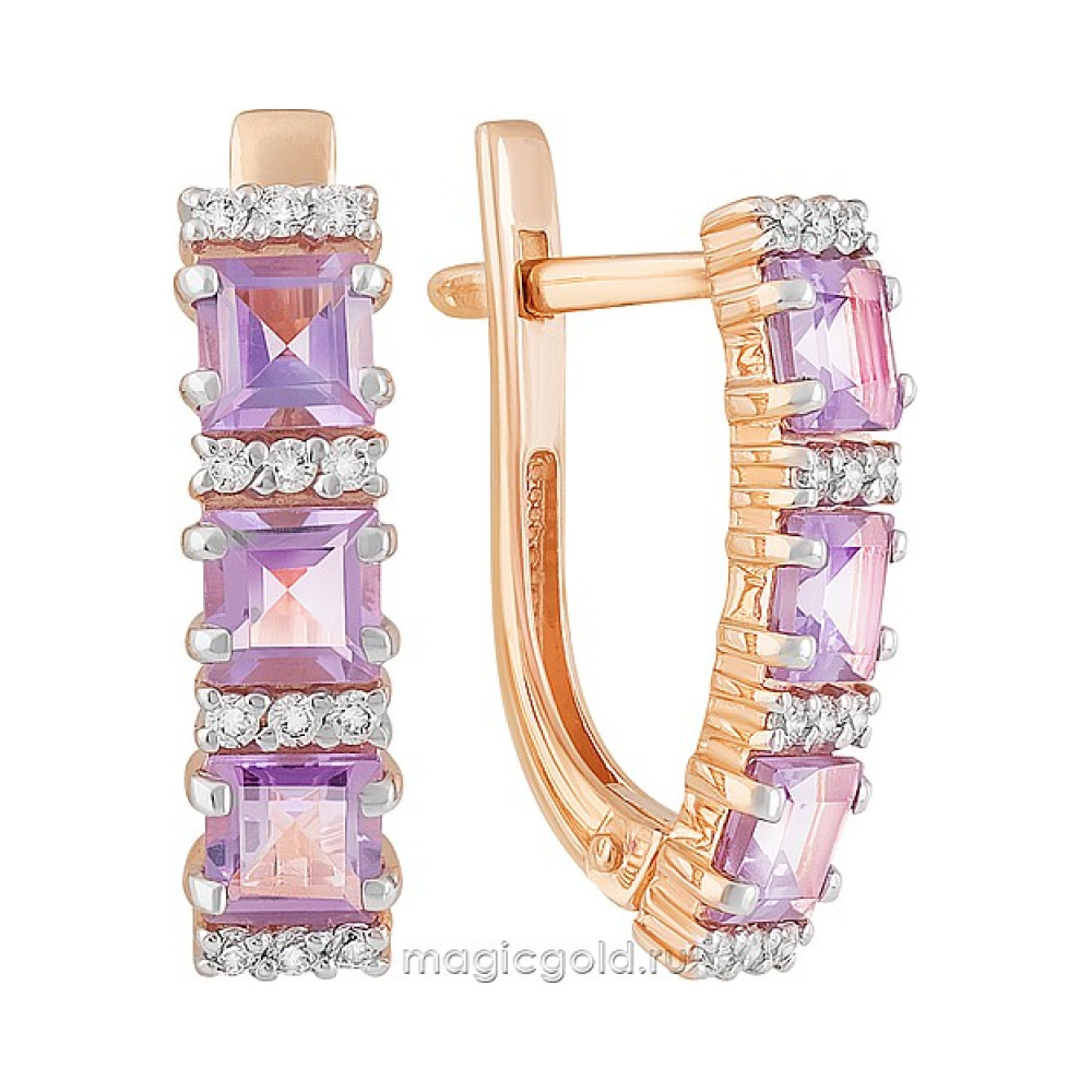 Золотые серьги с аметистом и фианитом № 141855