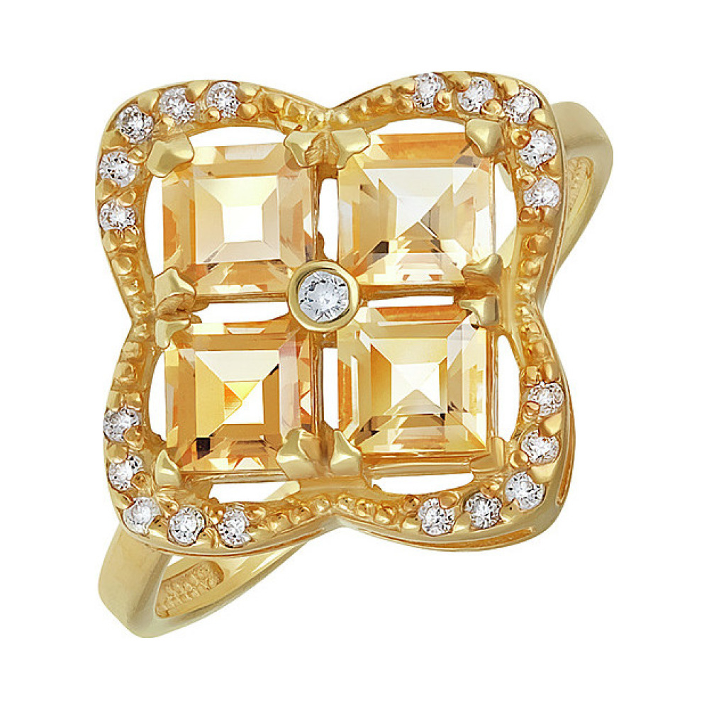 Серебряное кольцо с цитрином, фианитом и золотым покрытием № 135883