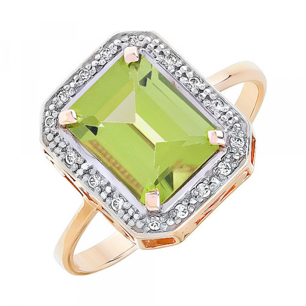 Золотое кольцо с хризолитом и фианитом № 84613