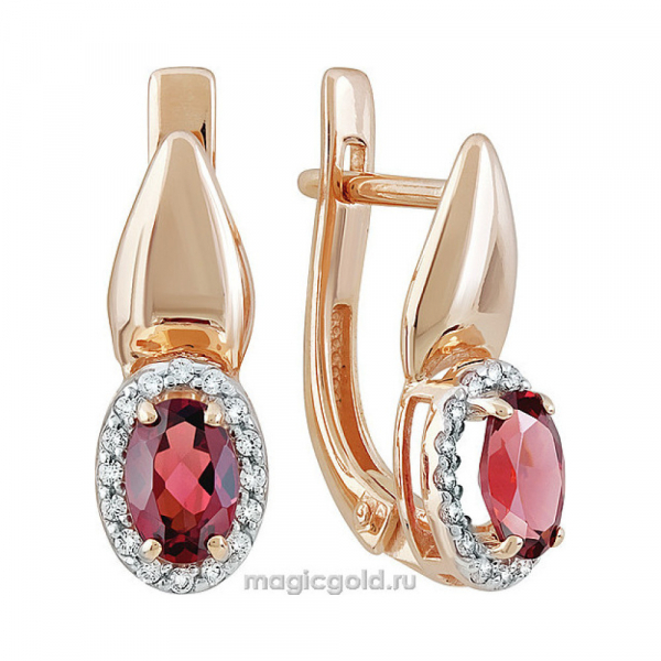 Золотые серьги с гранатом и фианитом № 142180