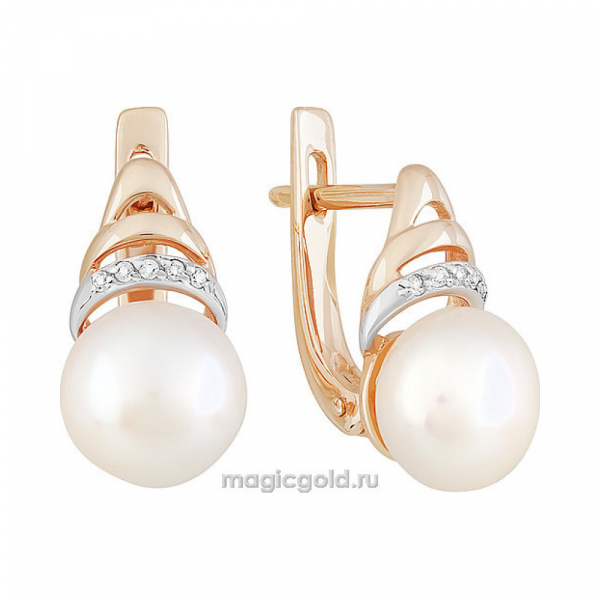 Золотые серьги с жемчугом и фианитом № 151372