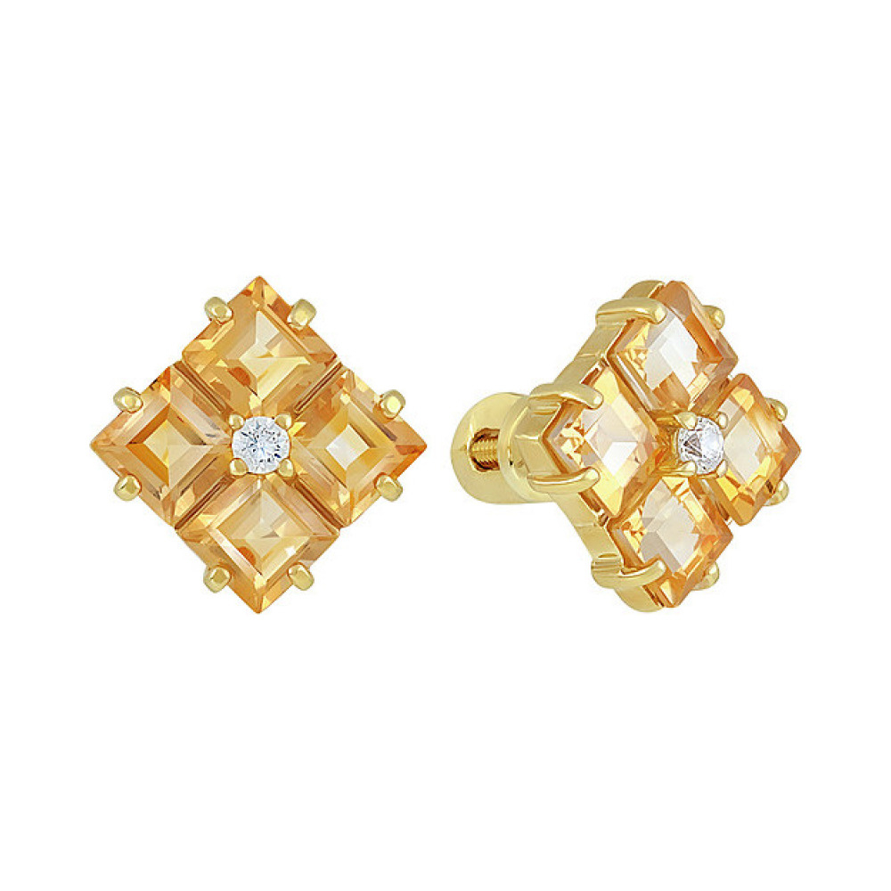 Пуссеты с цитрином фианитом и золотым покрытием № 133957