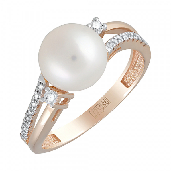Золотое кольцо с жемчугом и фианитом № 124128