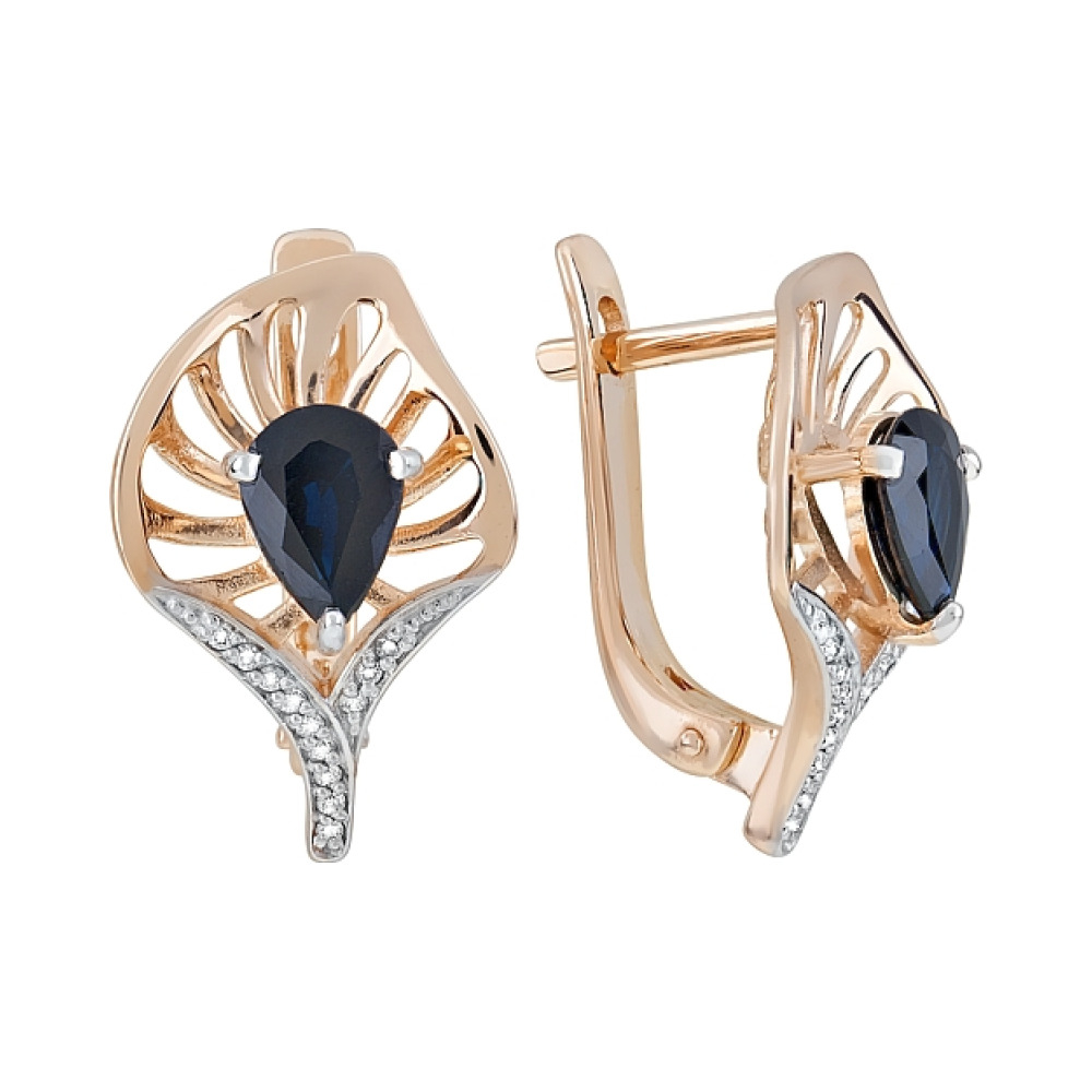 Золотые серьги с бриллиантом и сапфиром № 120960