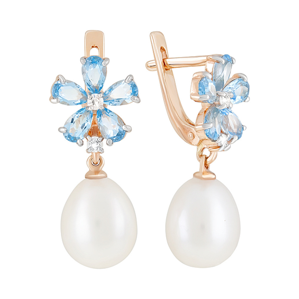 Золотые серьги с топазом, жемчугом и фианитом № 122143