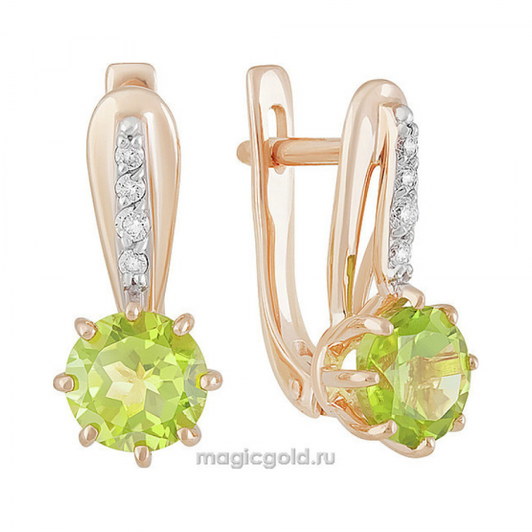Золотые серьги с хризолитом и фианитом № 139472
