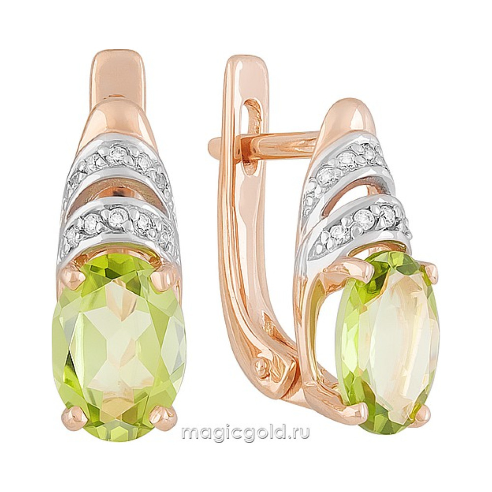 Золотые серьги с хризолитом и фианитом № 142195