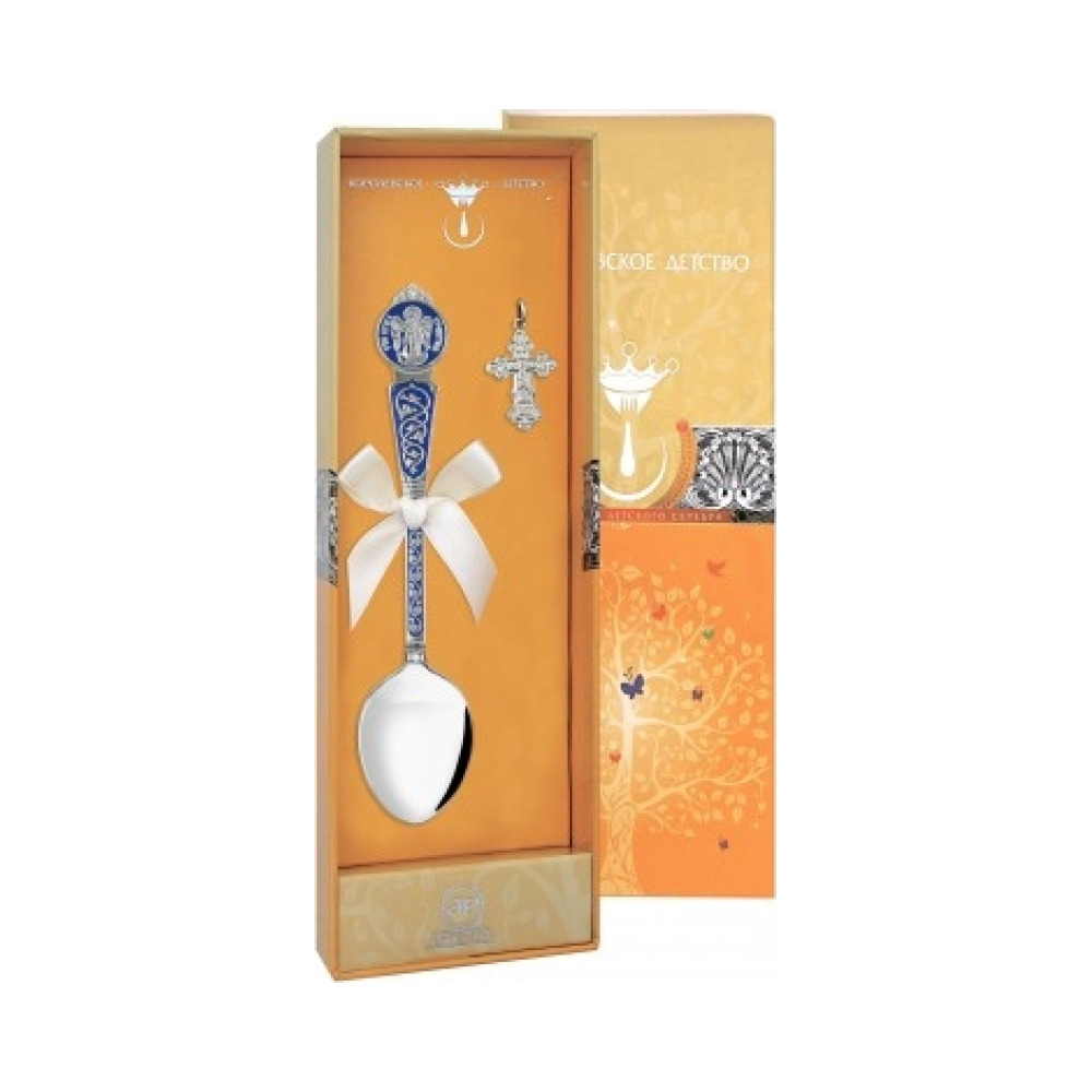 Набор "Крестильный" с ложкой "Ангел Хранитель" с синей эмалью + футляр