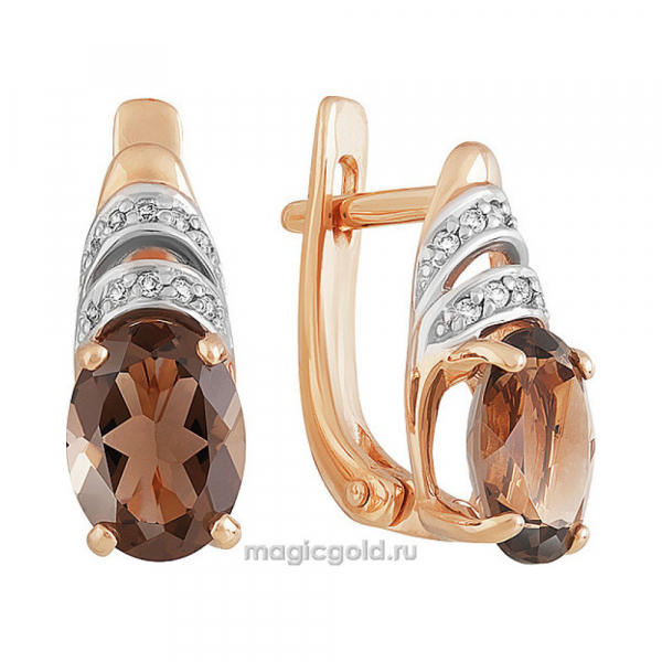 Золотые серьги с раухтопазом и фианитом № 142204