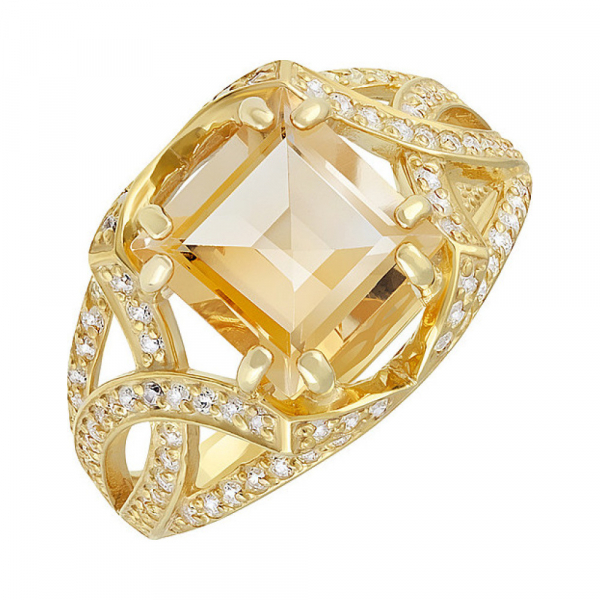 Серебряное кольцо с цитрином, фианитом и золотым покрытием № 133916