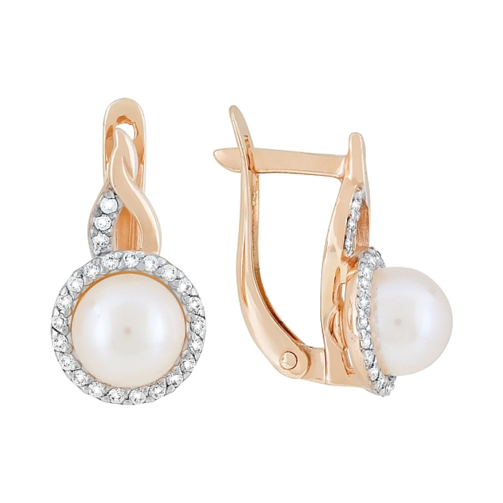 Золотые серьги с жемчугом и фианитом № 119015