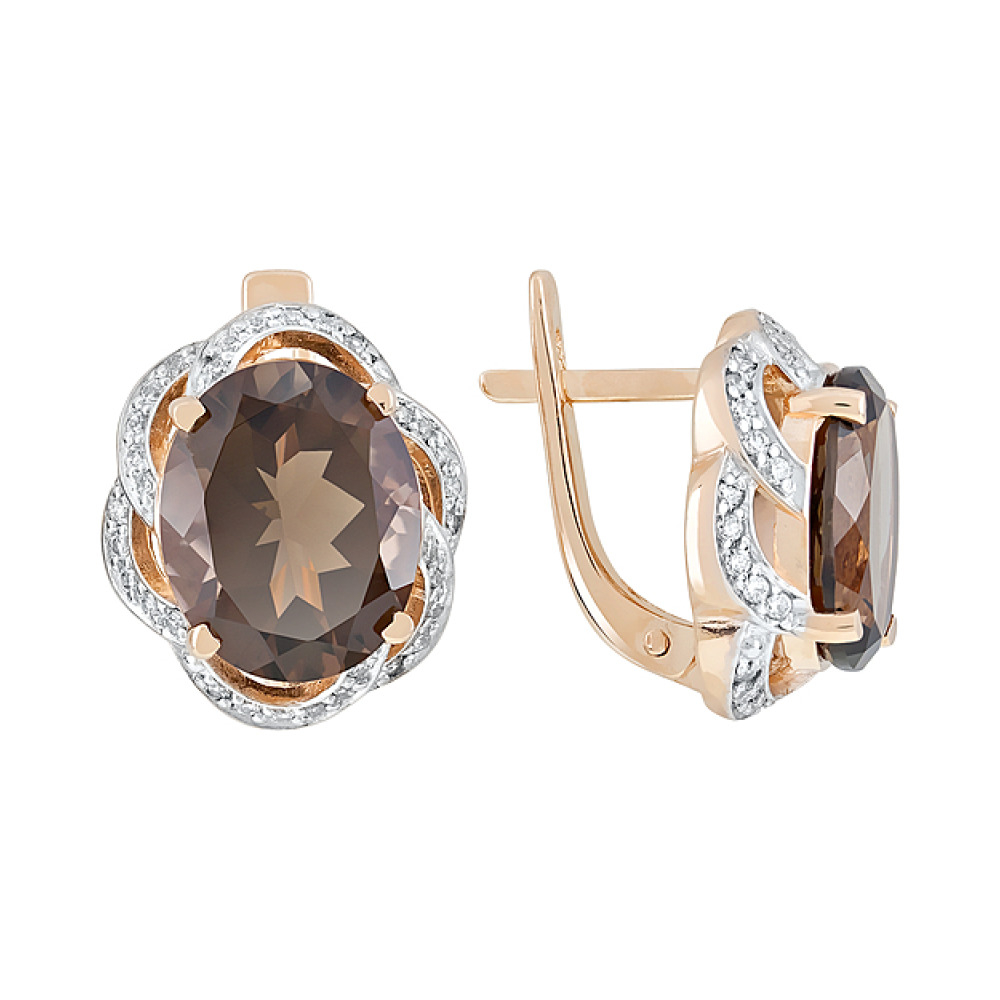 Золотые серьги с раухтопазом и фианитом № 119607