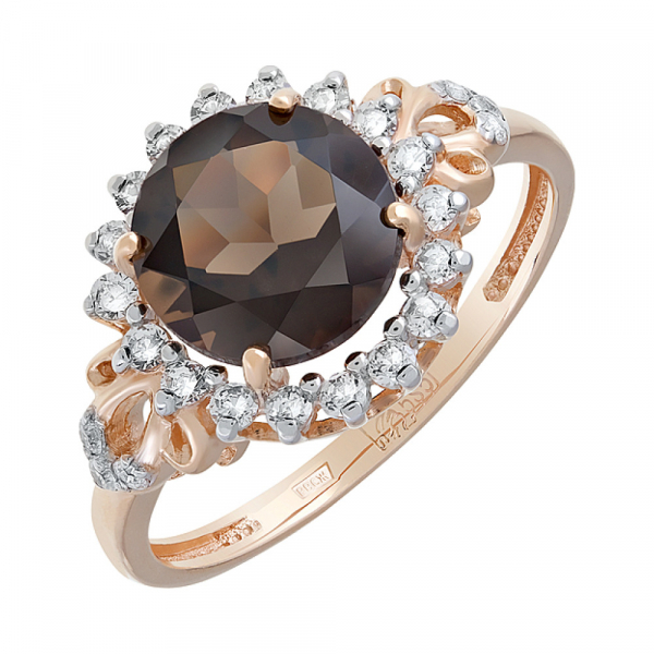 Золотое кольцо с раухтопазом и фианитом № 124613