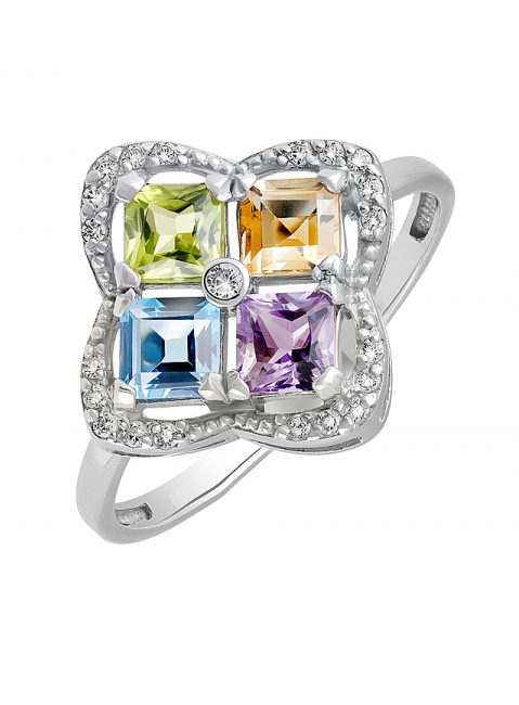 Серебряное кольцо с полудрагоценными вставками и фианитом № 131458