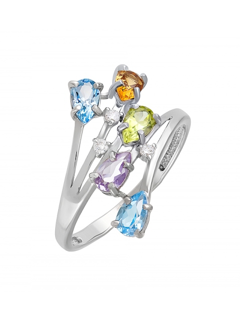 Серебряное кольцо с полудрагоценными вставками и фианитом № 131468