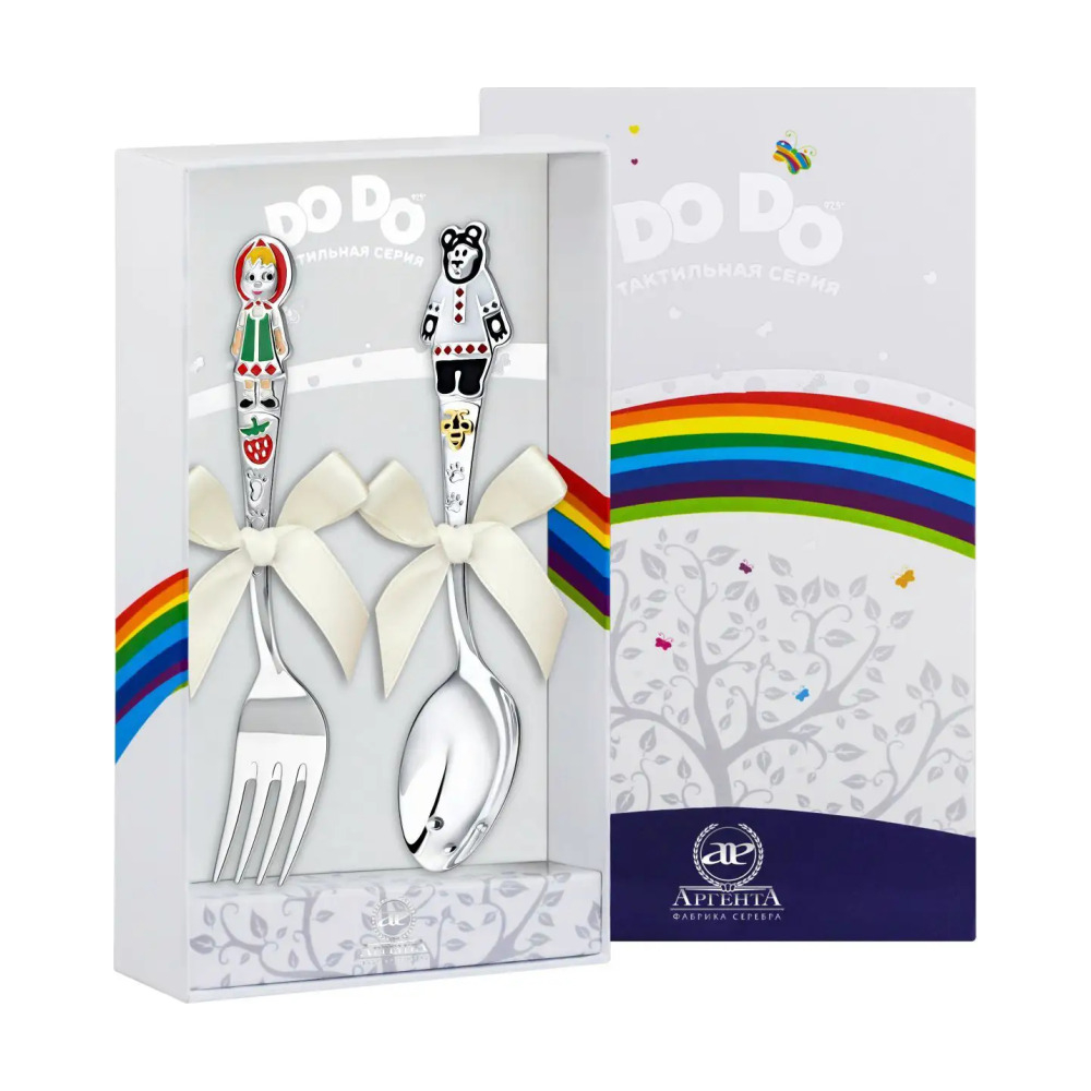 Набор детский DODO Миша и Маша с позолотой и с эмалью: вилка и ложка из серебра 925 пробы