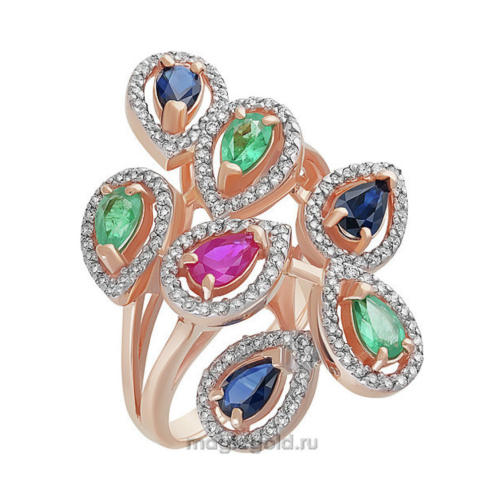 Золотое кольцо с драгоценными вставками и фианитом № 156452