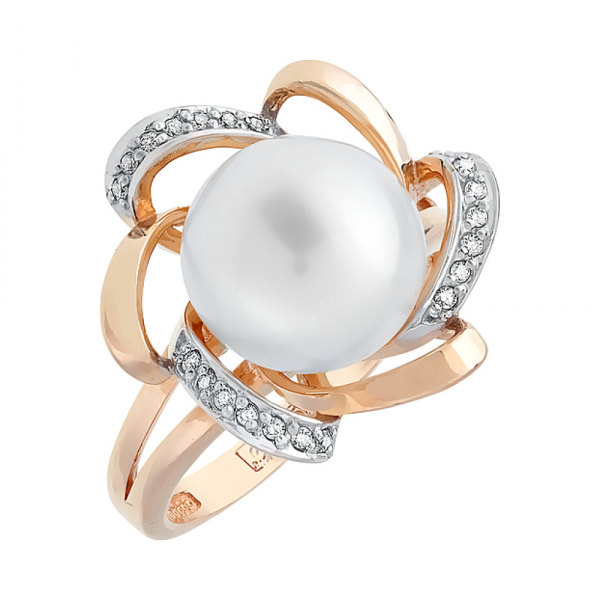 Золотое кольцо с бриллиантом и жемчугом № 100031
