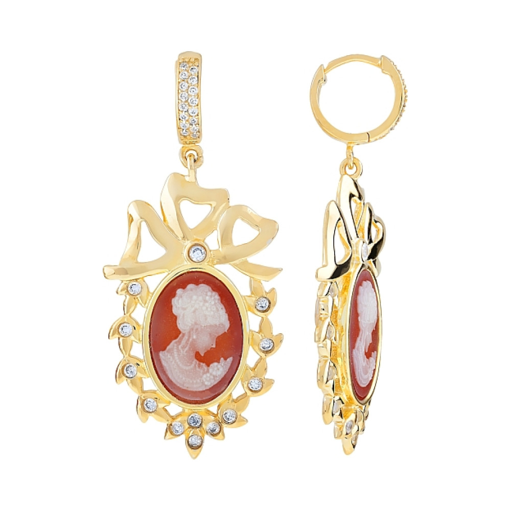 Серебряные серьги с фианитом, карбоном и зол. покрыт. № 108419