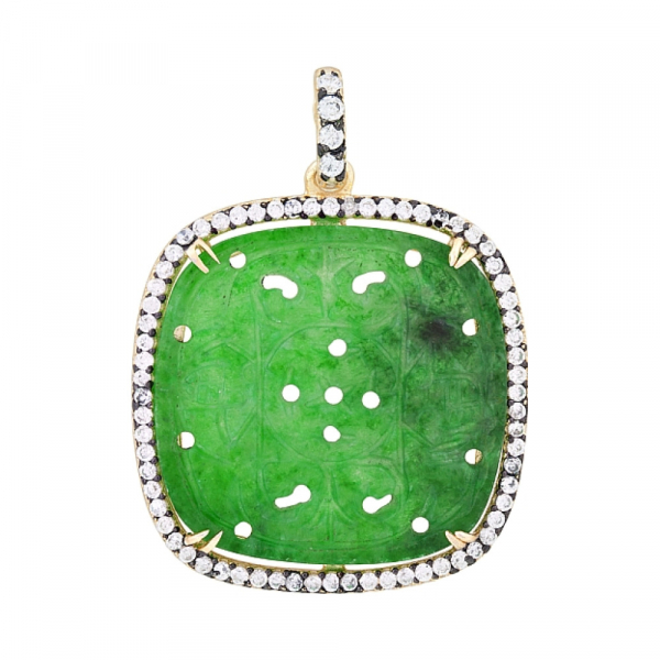 Серебряная подвеска с нефритом,фианитом и золотым покрытием № 118148