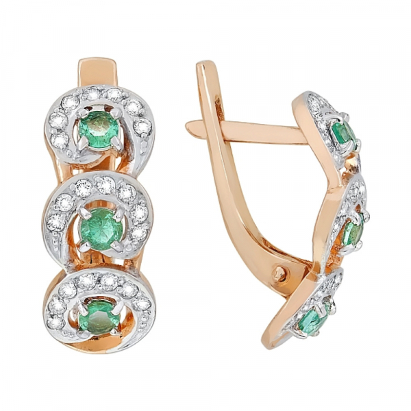 Золотые серьги с бриллиантом и изумрудом № 95832