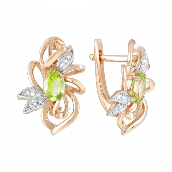 Золотые серьги с хризолитом и фианитом № 120509