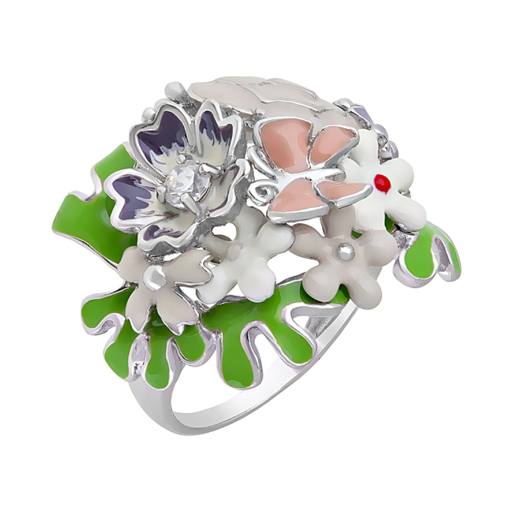 Серебряное кольцо с фианитом и эмалью № 106184