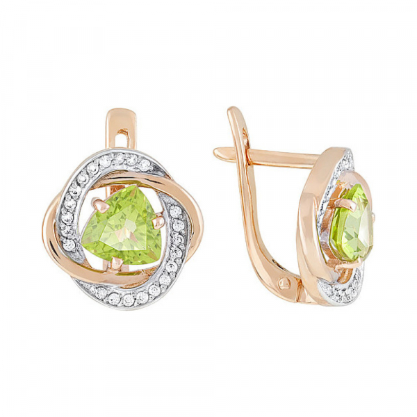 Золотые серьги с хризолитом и фианитом № 119422