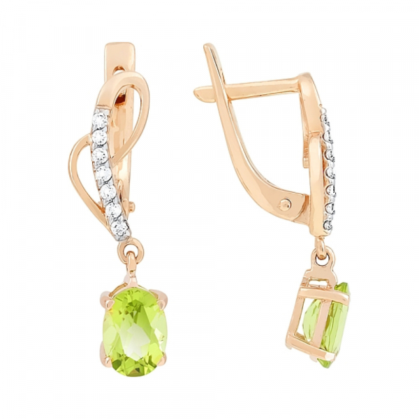 Золотые серьги с хризолитом и фианитом № 80028