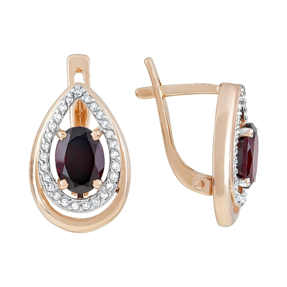 Золотые серьги с гранатом и фианитом № 119312