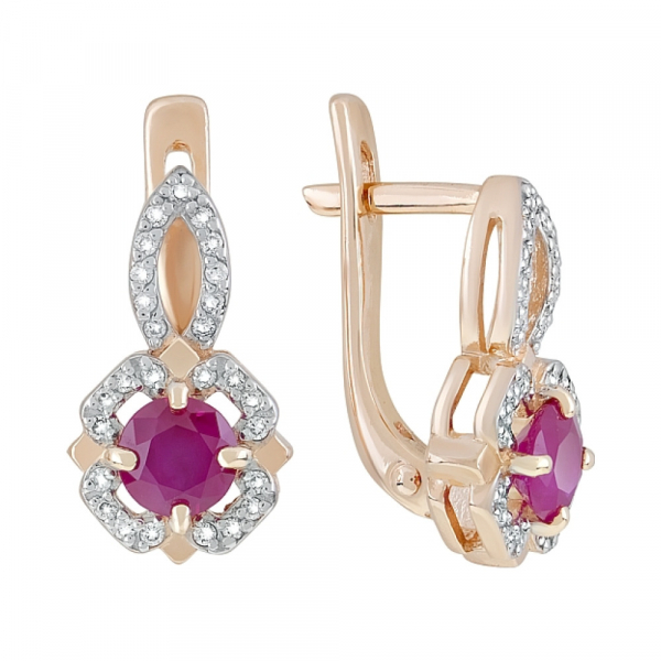 Золотые серьги с бриллиантом и рубином № 119138