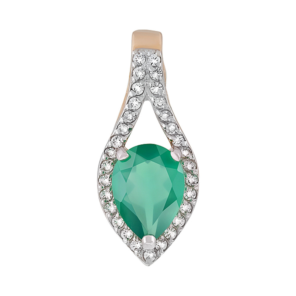 Золотая подвеска с зелёным ониксом и фианитом № 127936