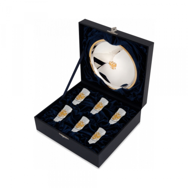 Набор из 6 серебряных стопок «Герб» полированных с позолотой и подносом «Герб»